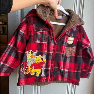 Vintage 3T Disney Winnie The Pooh Red Buffalo Plaid Fleece Toddler Zip Up Jacket